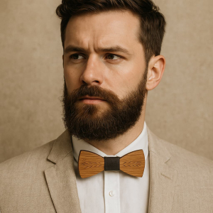 Nœud papillon en bois et barbe : le style écoresponsable qui a tout bon